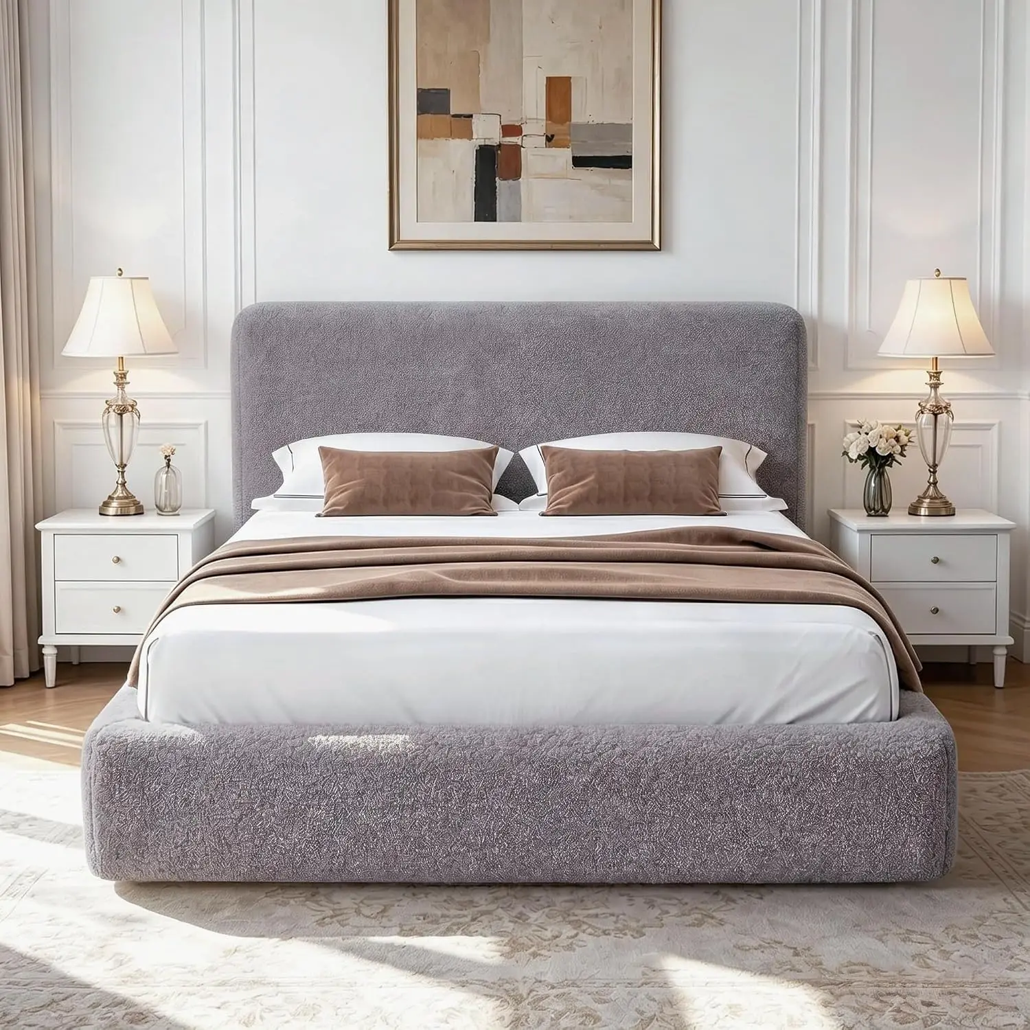 Queen Cloud Bed Frame with Headboard, Soft Boucle Bed Frame (Gray) | Upholstered Low Platform Bed, Anti-Collision, Customized