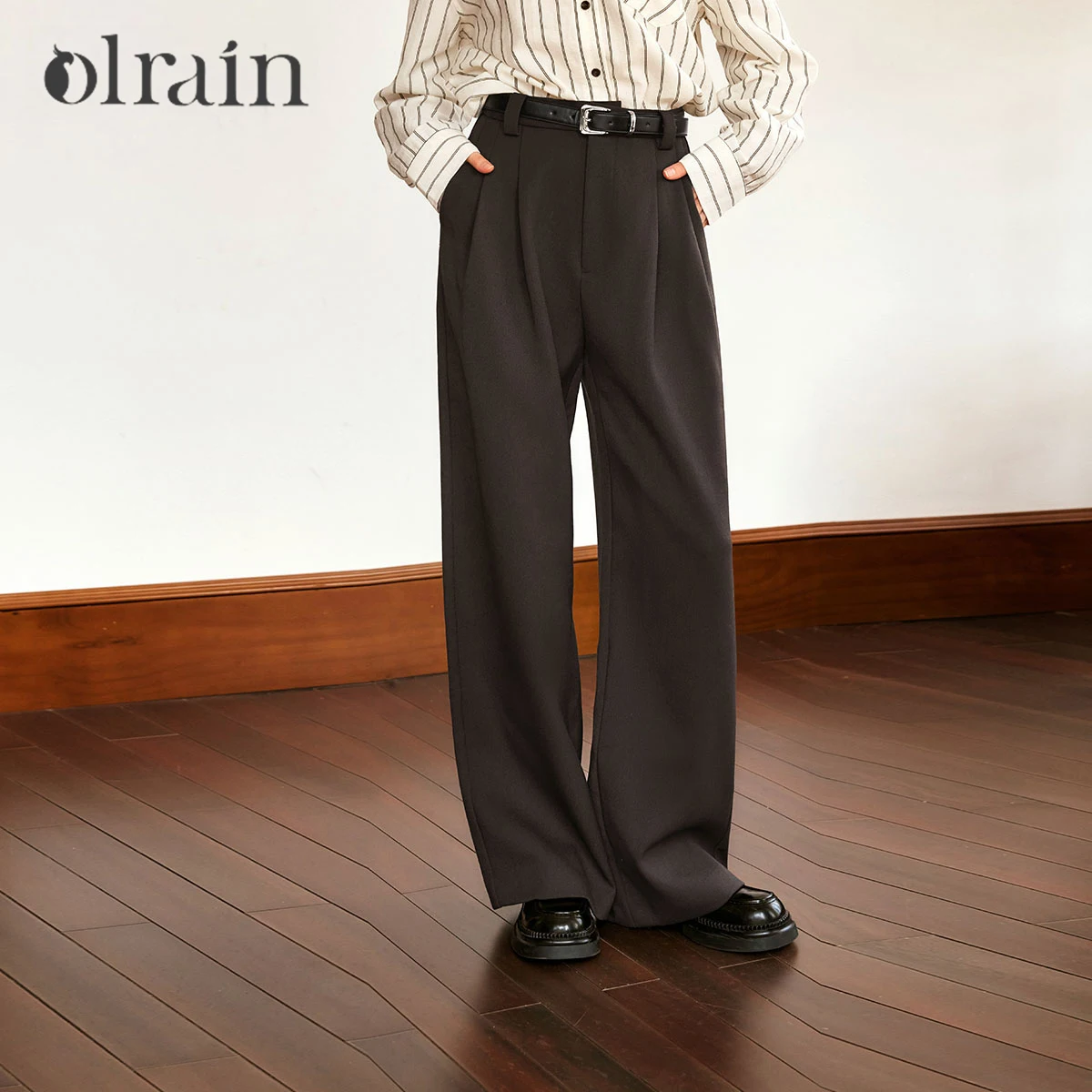 OLrain Women's Casual Pants 2026 Autumn High-waist Wide Leg Long Pants Pockets Solid Straight Trouser Female Clothing O56DK89006