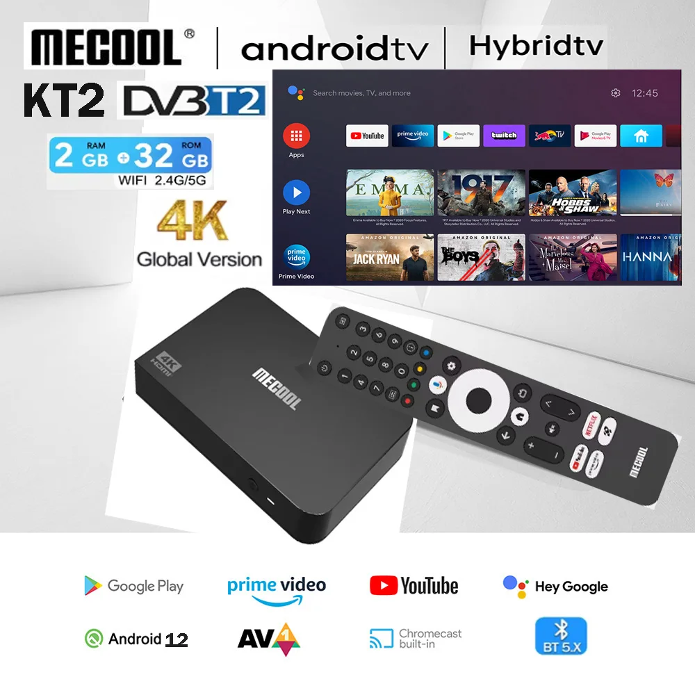 [Genuine] Newest MECOOL KT2 DVB T2 Android 12 TV Box Google Netflix Certified ATV 100M S905Y4 WIFI 2.4G/5G 2T2R DVB Media player