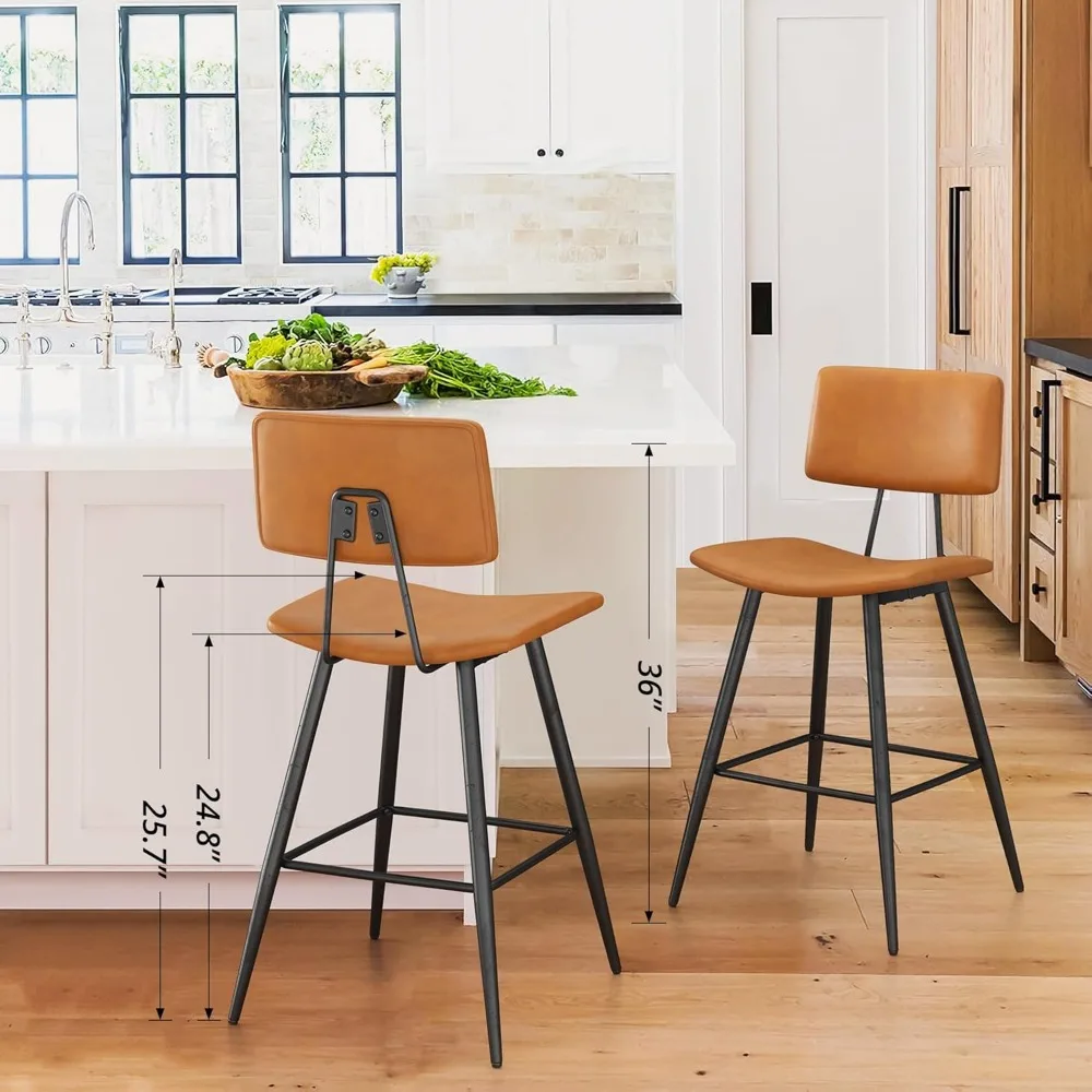 Kursi Bar Coklat Wiski 24,5" Set Isi 4, Kursi Bar Tinggi Konter Berlapis Kulit Imitasi dengan Punggung, Pijakan Kaki dan Kaki Logam,