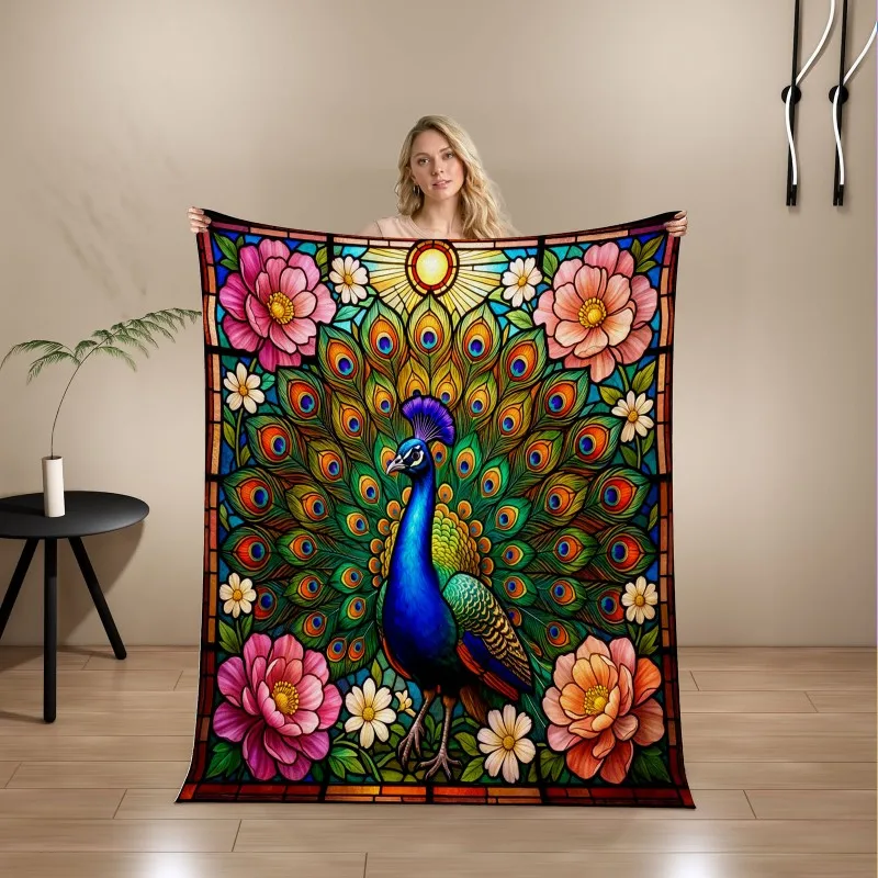 Super Cozy Flannel Nap Cover, Stained Glass Style Peacock & Floral Art Throw, Warm Light Blanket for Sofa, Bed & Wall Decor