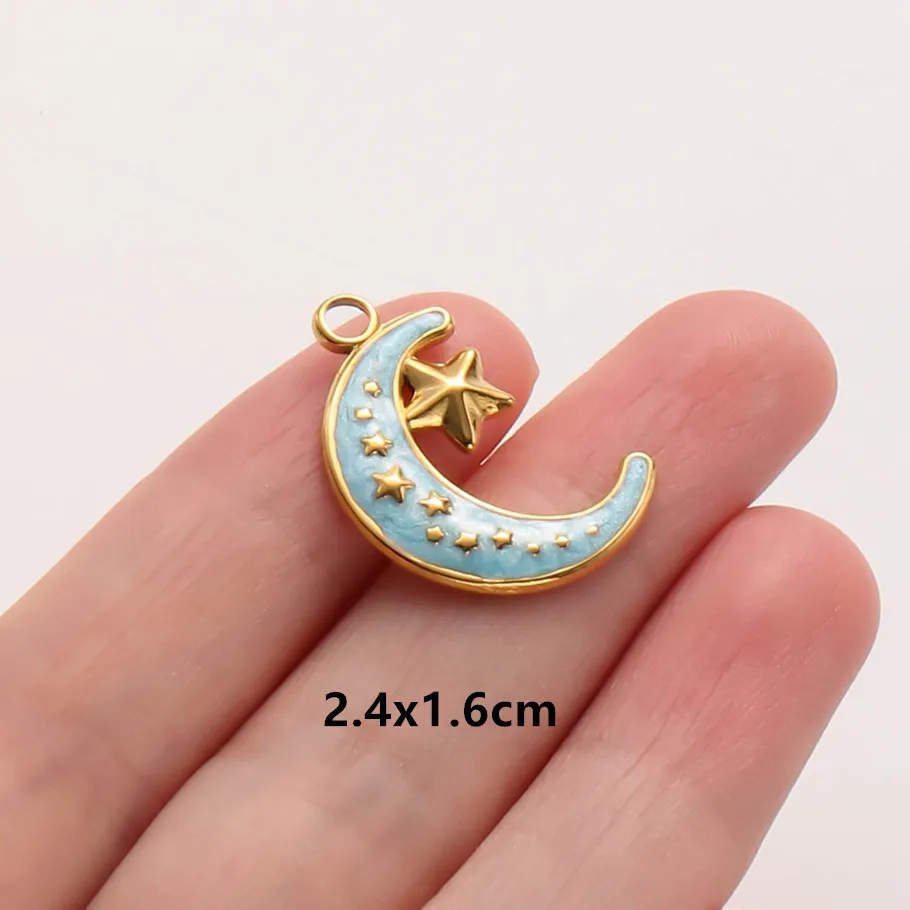 6 Stück Großhandel Blaue Emaille Sonne Mond Stern Anhänger Wicca Zubehör Edelstahl Charms für Schmuckherstellung Halskette Taschenanhänger – Detail 9