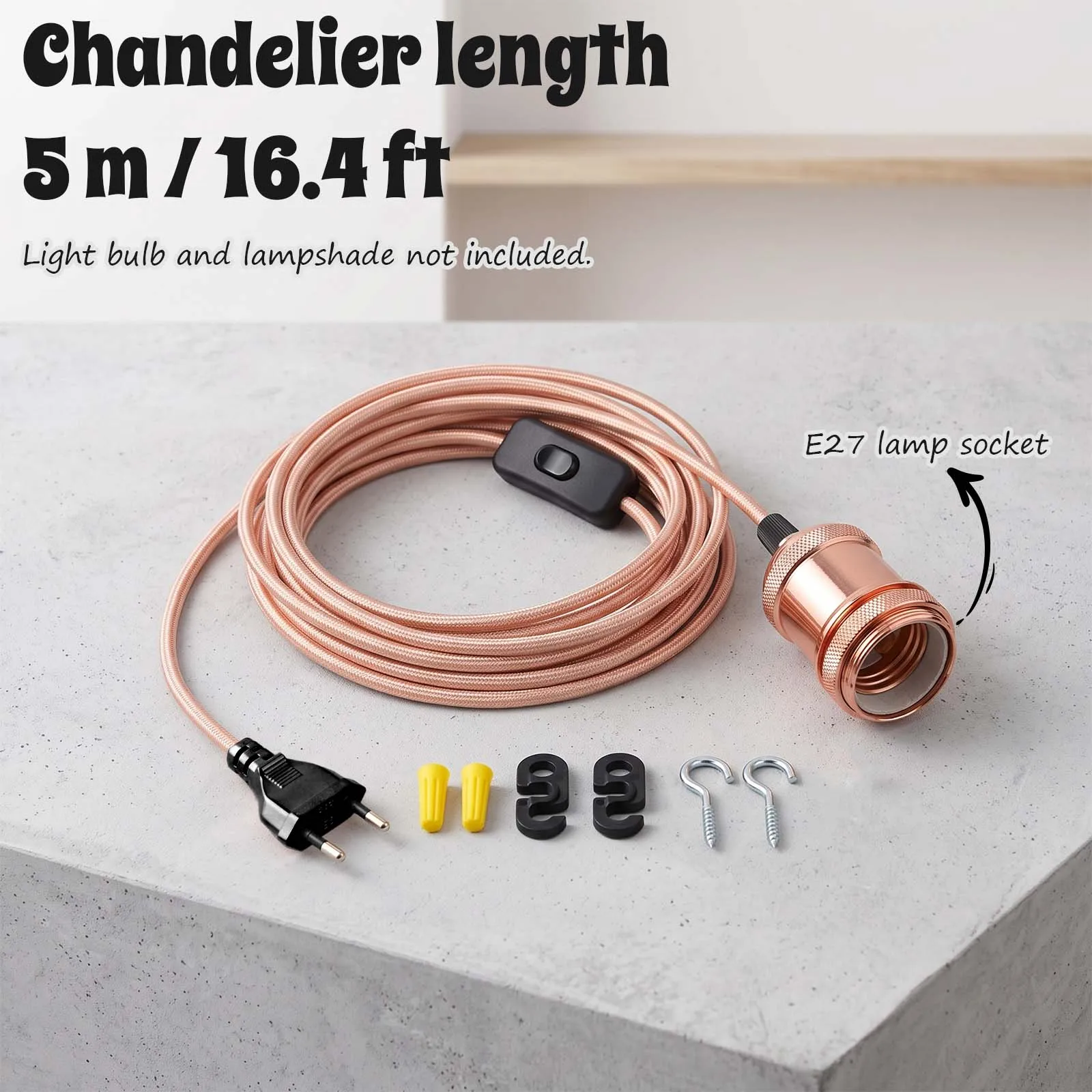 Decorative Pendant Lamp Cord, Rose Gold Braided Wire, E27 Socket, EU Plug, Modern