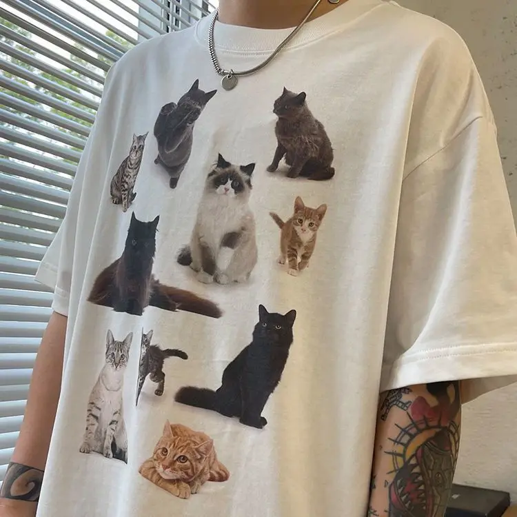 European and American style cat party cat print short-sleeved men and women couples niche trend loose casual couple versatile