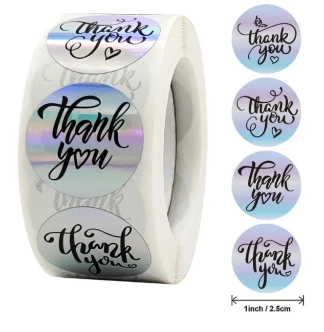 100‑500Pcs 2.5cm Rainbow Laser Thank You Stickers, 1 Inch Adhesive Labels, Small Business Boutique Wrapping Supplies