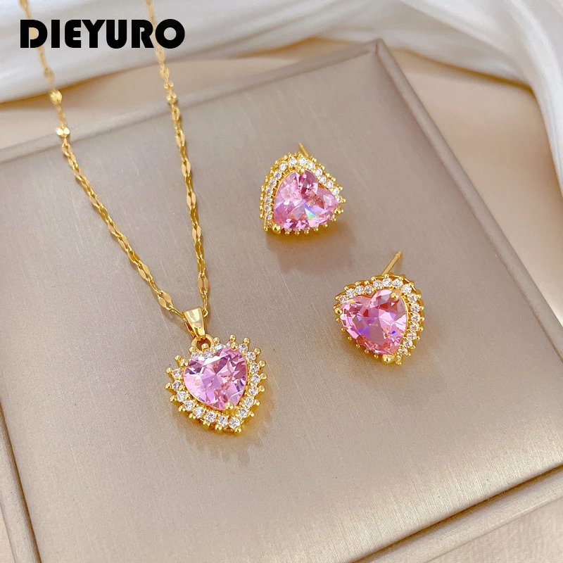 DIEYURO 316L Stainless Steel Pink Heart Crystal Pendant Necklace Earrings For Women Girl New Trendy Jewelry Set Gift Party