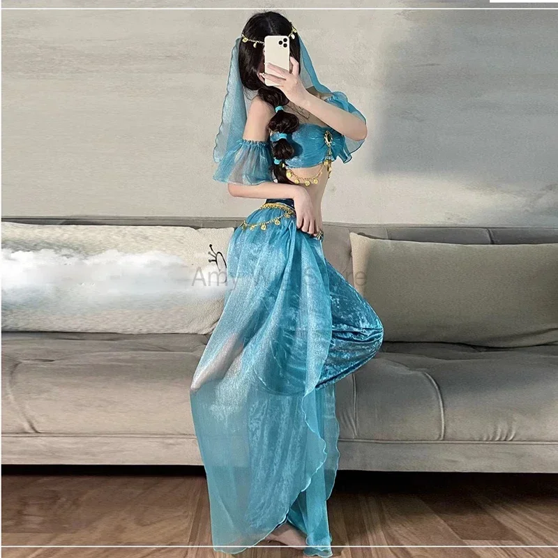 Costume cosplay di gioco di ruolo di lingerie di danza del ventre da donna sexy blu Set costume di danza indiana esotica Cleopatra