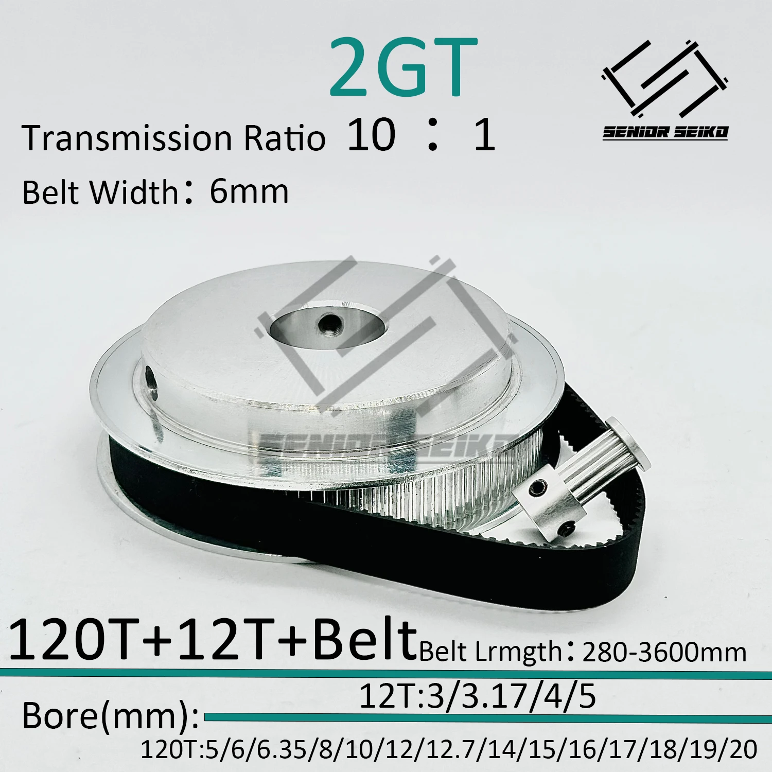 2GT GT2 12Teeth 120T GT2 120Teeth 12T Timing Belt Pulley Set Belt Width 6mm Bore 3~25mm 10:1 Wheel Synchronous Pulley Belt Kit