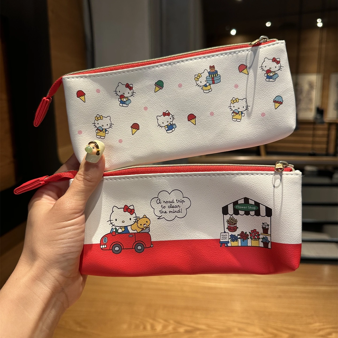 

sanrio hello kitty cute cartoon PU pencil case double-sided printed zipper pencil bag double-layer portable stationery storage
