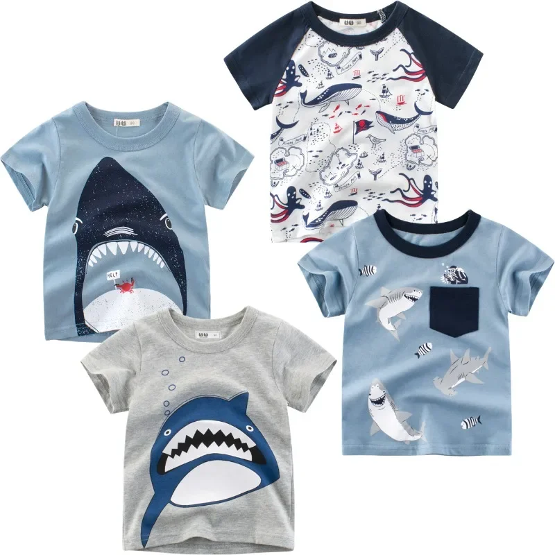 Dropshipping 4-Pack 2025 Summer New Boys' Shark T-Shirts Sea World Cartoon Children Tops Value Short Sleeve Cotton Kids Clothes