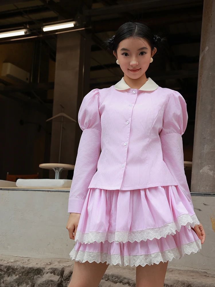 

Miu Series Sweet Pure College Girl Style Shirt And Cake Skirt Set Pink Stripes Long Sleeve Cotton Suit for Women