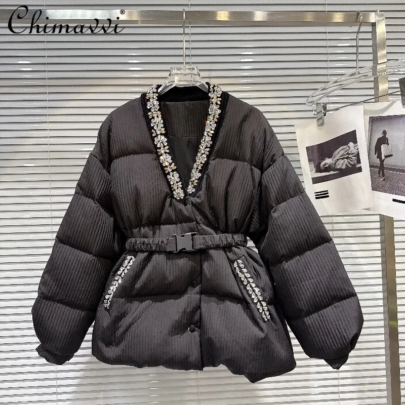 

Winter New Fashion Elegant Socialite V-neck Rhinestone Collar Belt Jacket Long Sleeve Warm Elegant Striped Fabric Down Coat