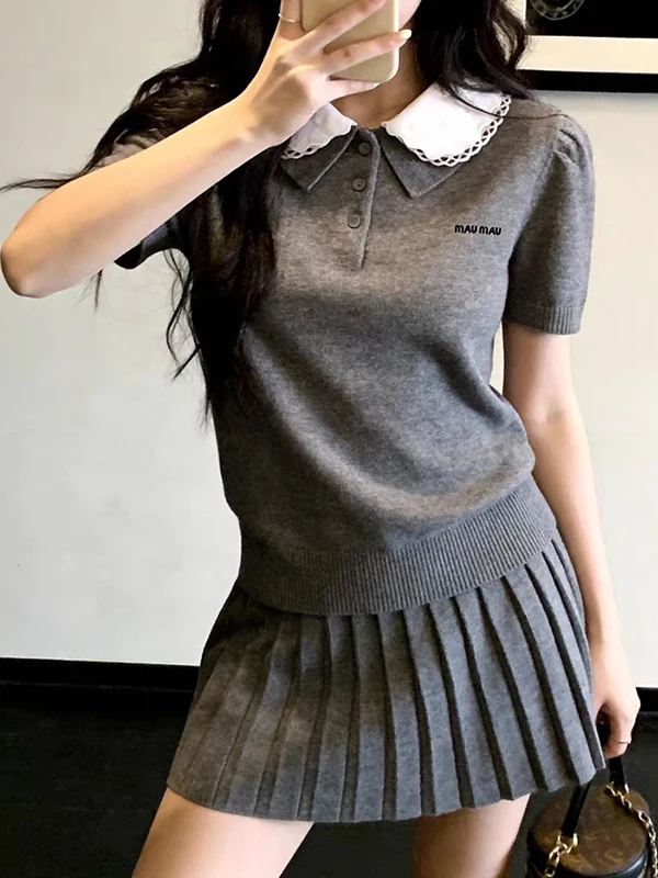 

Korean College Sle! Double Layer Doll Collar Color Blo Knitwear ort Sve Letter Print Anti Aging Versatile Top Women ...