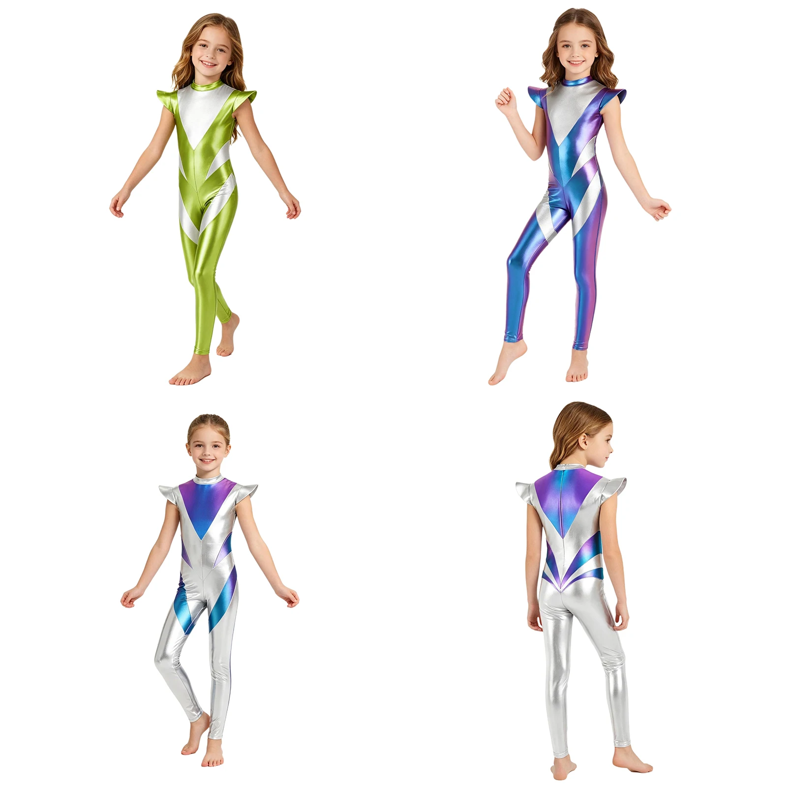 

Kids Fly Sleeve Metallic Shiny Alien Jumpsuit Ballet Dance Leotard Robot Astronaut Space Cadet Costume for Halloween Theme Party