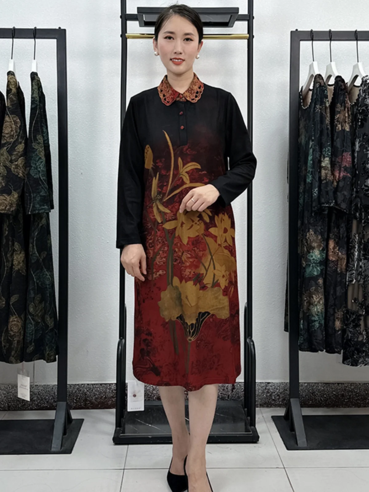 Ele Lady プリント ゴールド ミンク Dr レディース ミッドレングス ファッショナブルなプラスサイズ ミディスカート 中年母親向け 秋の新作 Sle