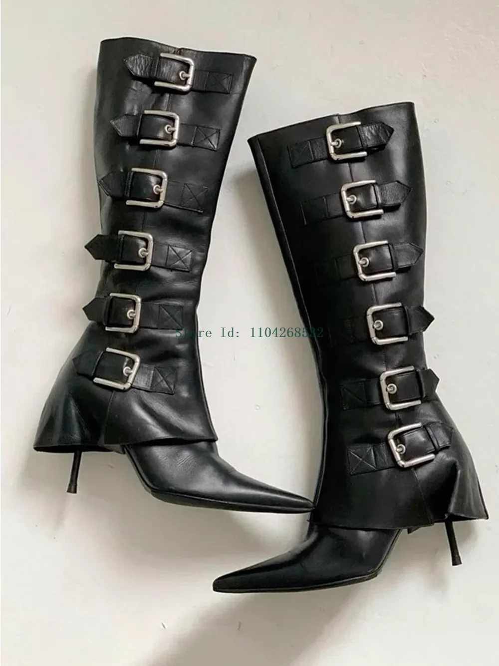

Belt Buckle Metal Decoration Knee High Boots Sexy Pointed Toe Stiletto New Arrivals Slip On Fashion Lady Modern Boots