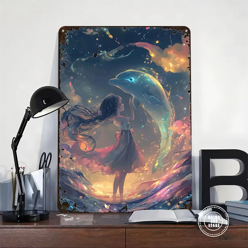 Girl and Dolphin in Cosmic Sea Metal Poster Customized Wall Art Retro Vintage Metal Tin Signs for Setup Decorations Coffee Bar