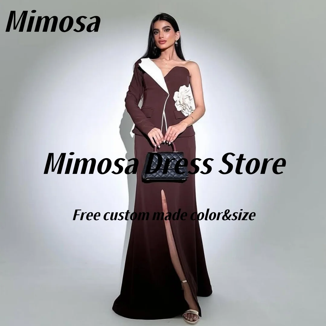 

Mimosa 2025 платья для выпускного вечера на одно плечо с длинными рукавами и цветочным халатом De Soirée с разрезом спереди Вечерние платья по индивидуальному заказу