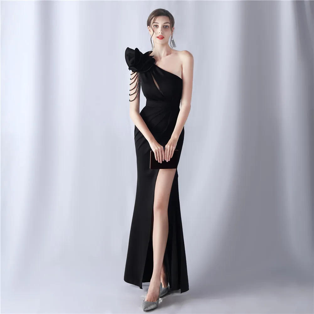 Elegant Black Long Evening Dress Flower Beading One Shoulder Long Formal Dress Fit Women Self-Wedding Party Ball Gown New Korean