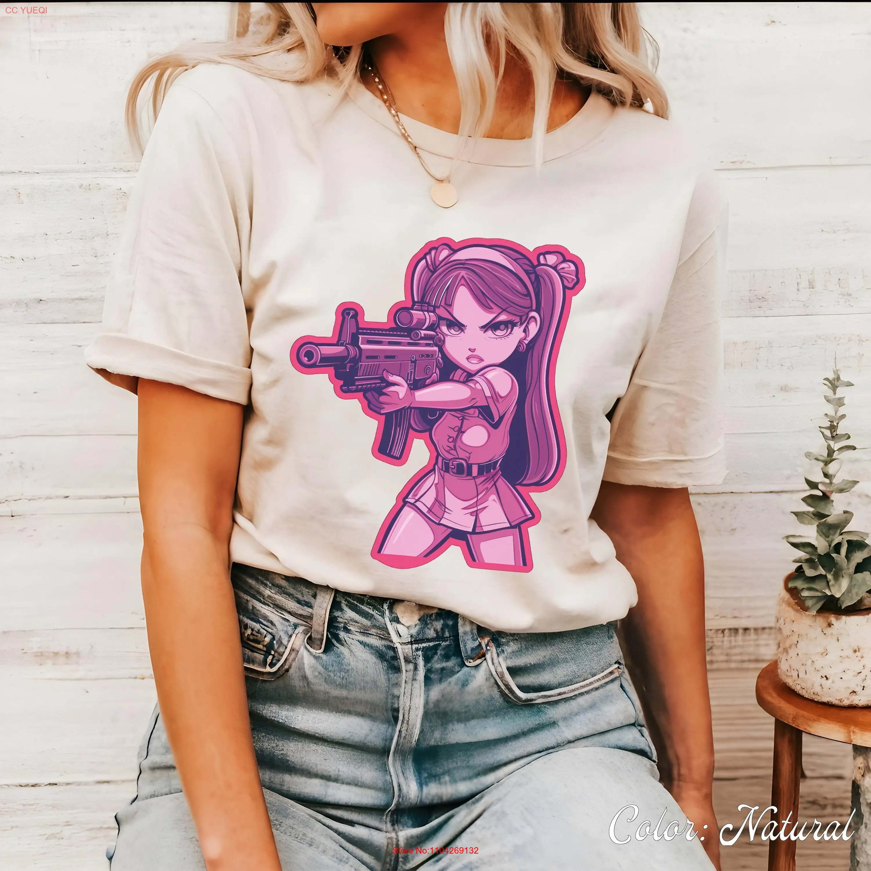 Pink pastel horror gun girl tee Female power gift 80s T shirt Halloween Gİft Millenial Femininity long or short sleeves