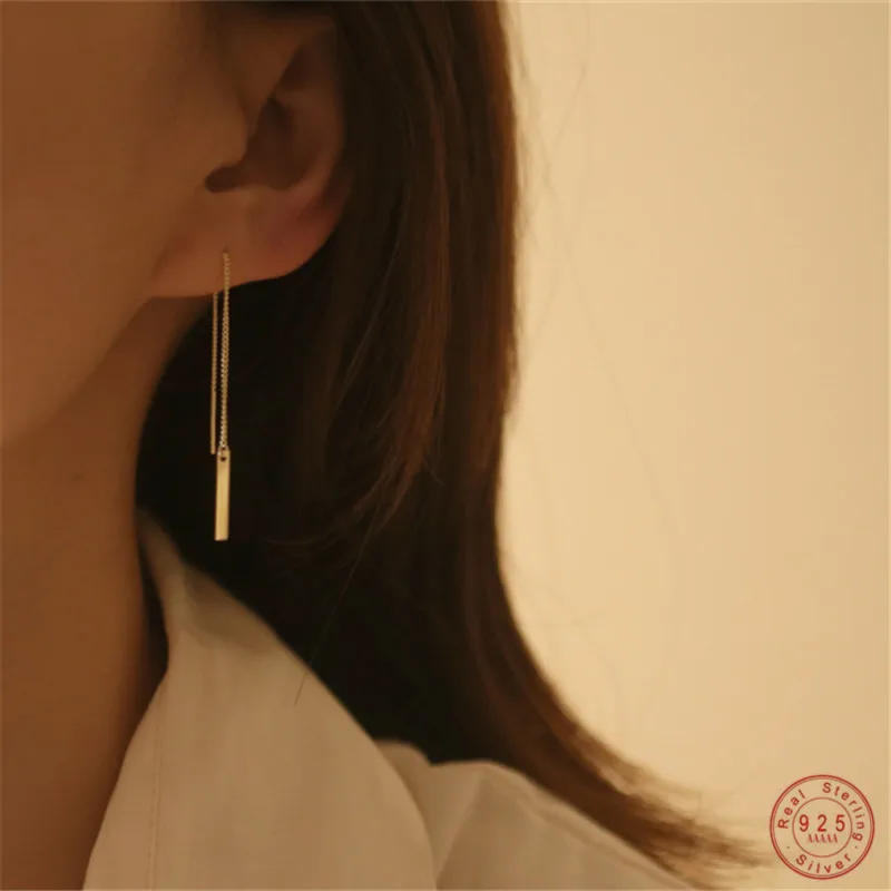 Pendientes largos geométricos chapados en oro de 14K para mujer, de Plata de Ley 925, joyería de temperamento coreano