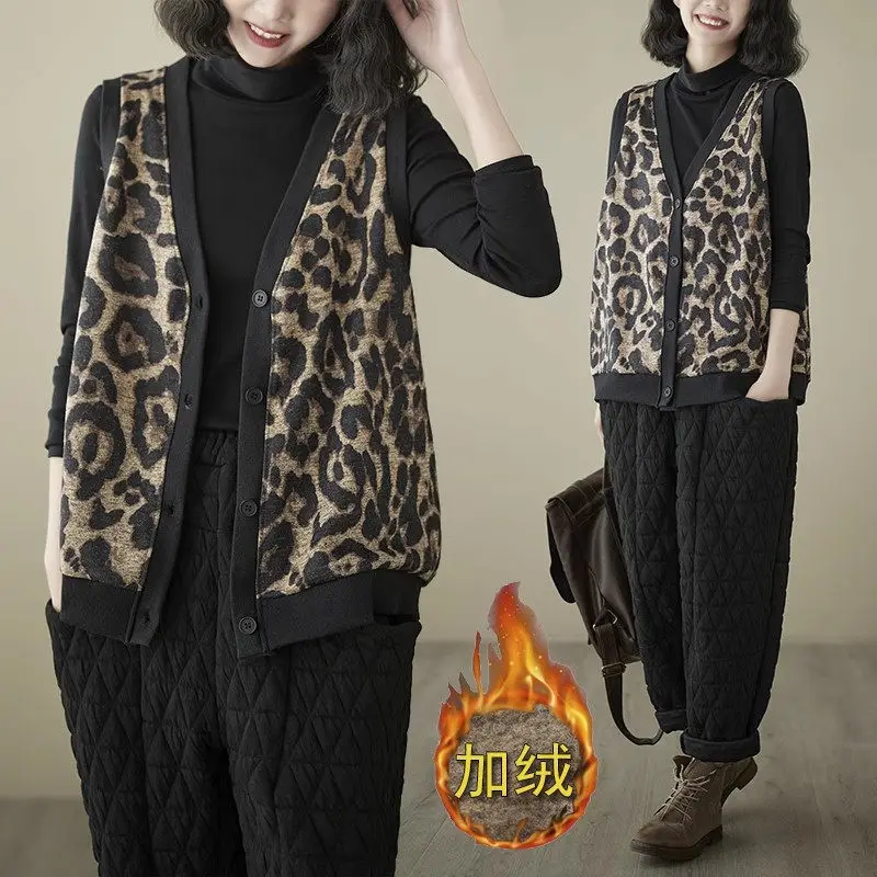 Retro Leopard Print Fleece Warm Vest Cardigan Jacket For Women Autumn Winter Large Size Casual V-Neck Sleeveless Waistcoat A722