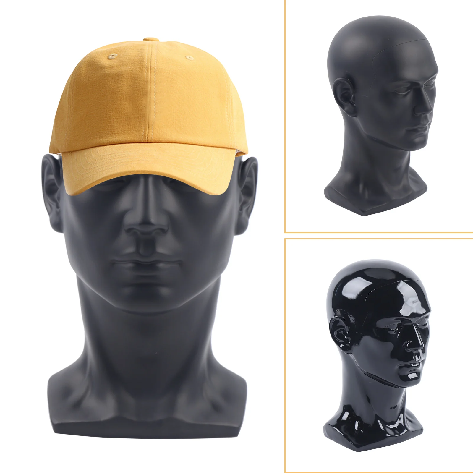 Male Model Head Made of PVC Wig Head Decorative Head Mannequin Head Hats Glasses 50 x 30 cm Matt Black