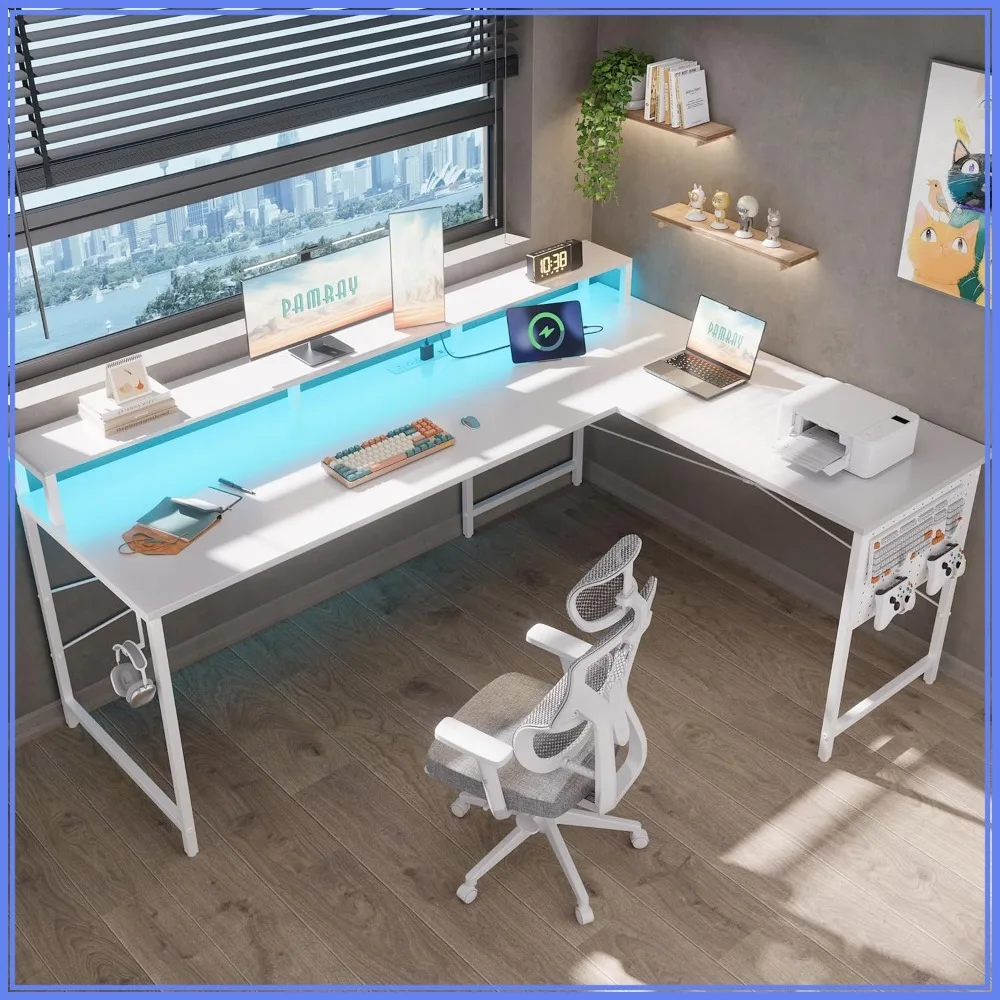 64 Inch L Shaped Gaming Desk with Power Outlets and LED Lights, Corner Computer Desk with Monitor Stand and Pegboard, White