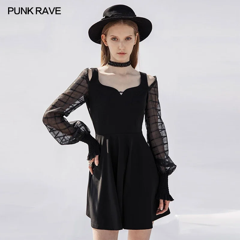 

PUNK RAVE Women's Gothic Black V-necked Long Sleeve Off-the-shoulder Dress A-LINE Casual Girl Little Sexy Short