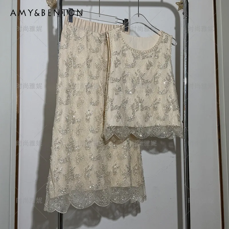 

Sparkly Sequin Beaded Lace Sleeveless Tank Top Female Crew Neck Mesh Pearl Blouse Fashion All Match Half Skirt Y2k Clothes Women