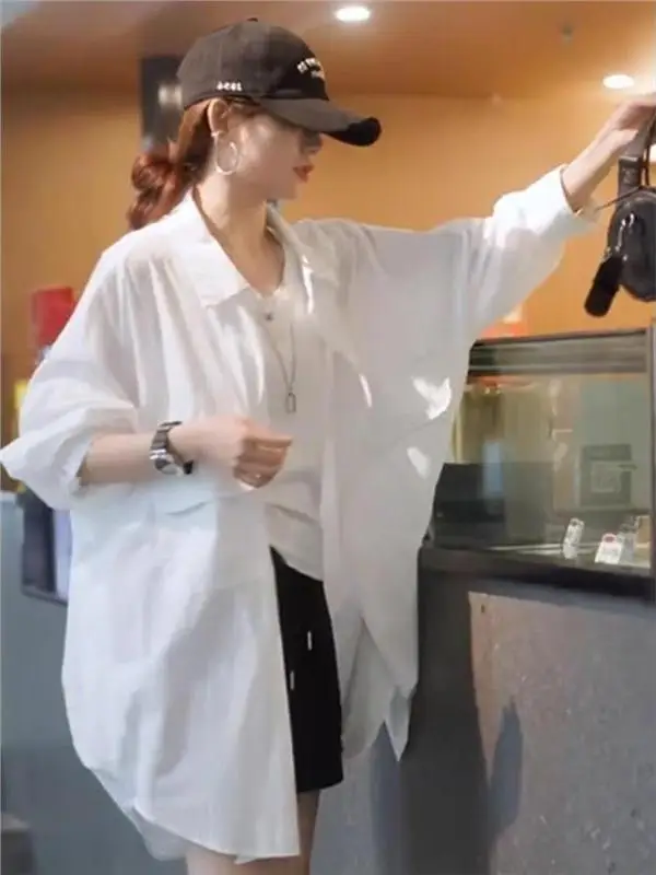 

Летняя свободная женская рубашка большого размера в стиле оверсайз, удлиненная, прикрывающая бедра, кардиган-жакет средней длины, повседневная верхняя одежда