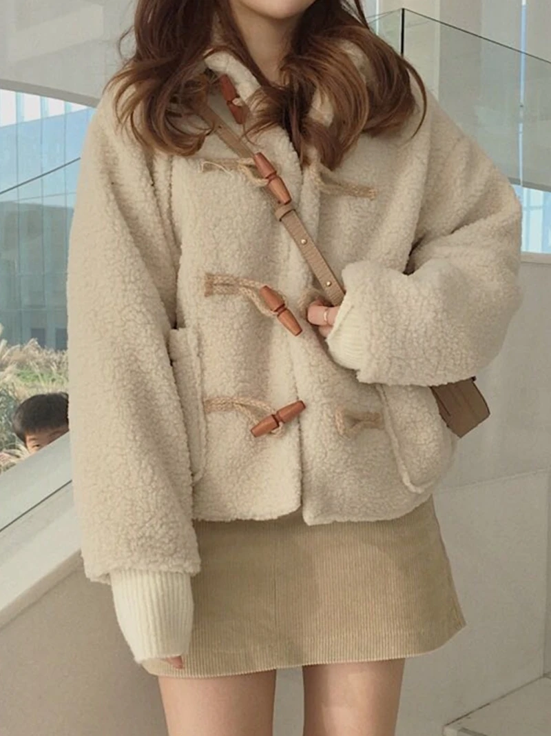 

Korean Sweet Retro Buttoned Lamb Fur Thiened College Sle Cotton Jaet Women Winter Anti-Aging ort Outerwear