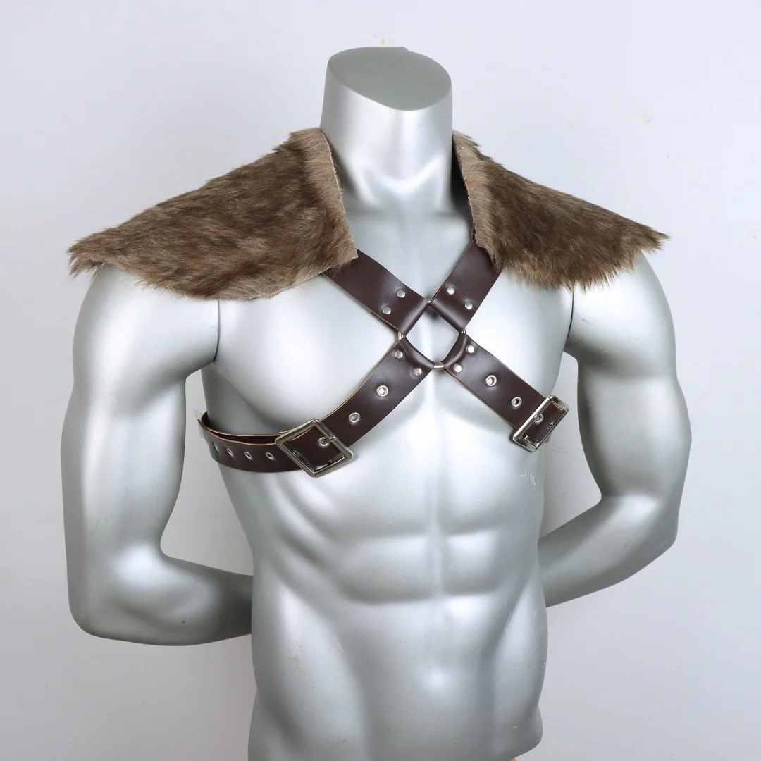 UYEE Belt Halloween Viking Faux Fur Shoulder Harness PU Leather  Belt Chest Strap Cosplay Costume Accessory Belt