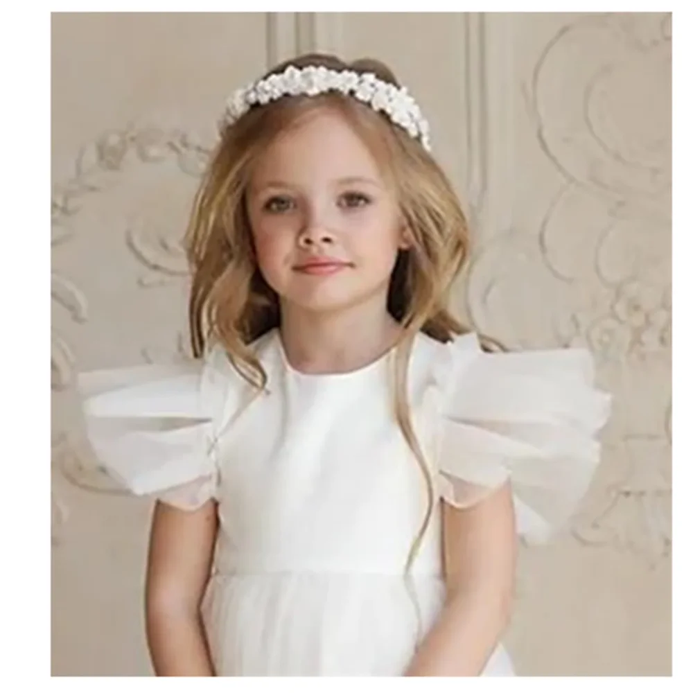 

Elegant Princess Flower Girl Dresses For Wedding Party O-neck Tulle Ruffle Pleated Short Sleeves First Holy Communion Dresses