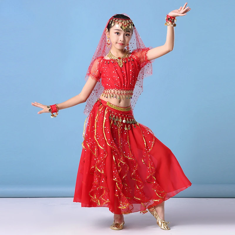 India Lehenga Choli Set 120D Chiffon+Mesh Children Performance Clothing Kids Clothes Girls