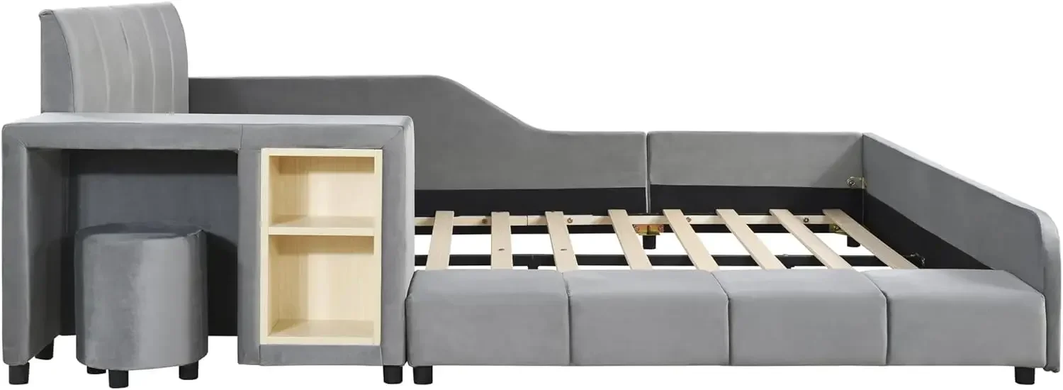 Lit pleine grandeur solutions.com avec mise à la terre, lit mère et enfant avec bureau de chevet et petit tabouret rond, velours, gris