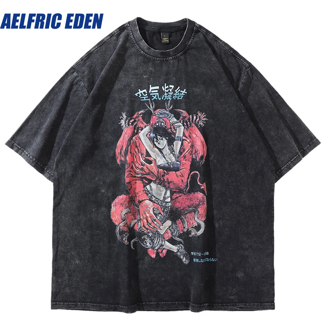 Aelfric Eden Japanese Style Anime Cartoon Print Short Sleeve T-Shirts Distressed Oversize Tshirt Streetwear Vintage Casual Tops