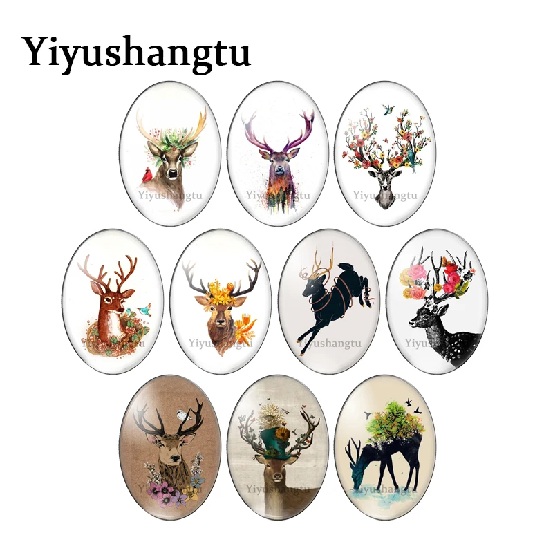 Cute deer Antlers flower arranging christmas animal 13x18mm/18x25mm/30x40mm Oval photo glass cabochon flat back Making findings