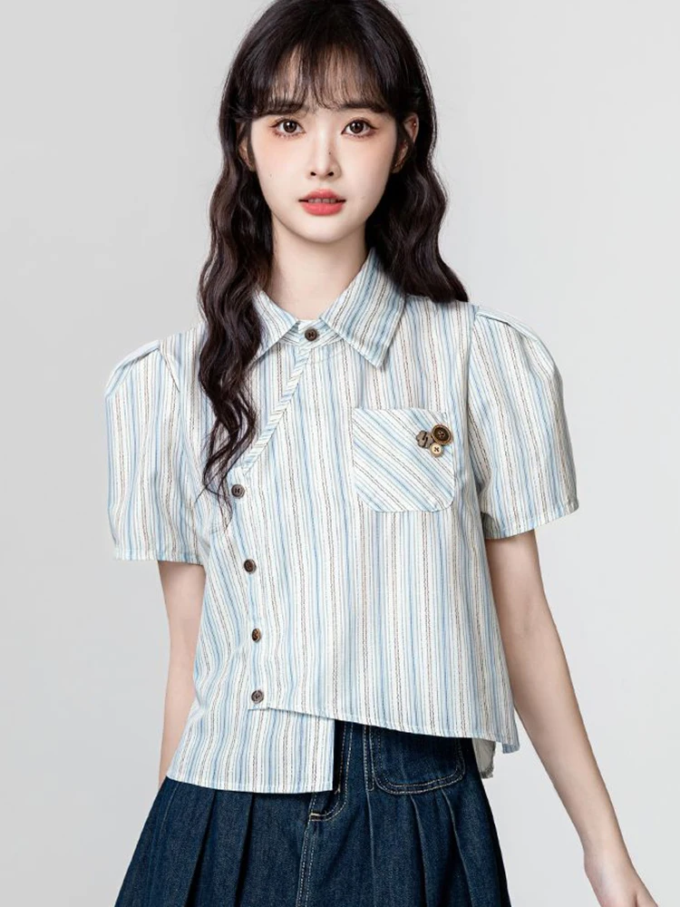 

Винтажная полосатая укороченная рубашка, женская тонкая блузка в консервативном стиле с коротким рукавом, кавайные милые повседневные нерегулярные женские милые топы, новинка