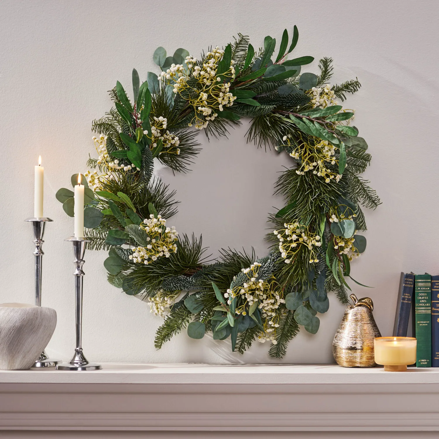 

30IN Eucalyptus leaves, pine twigs, stars wreath