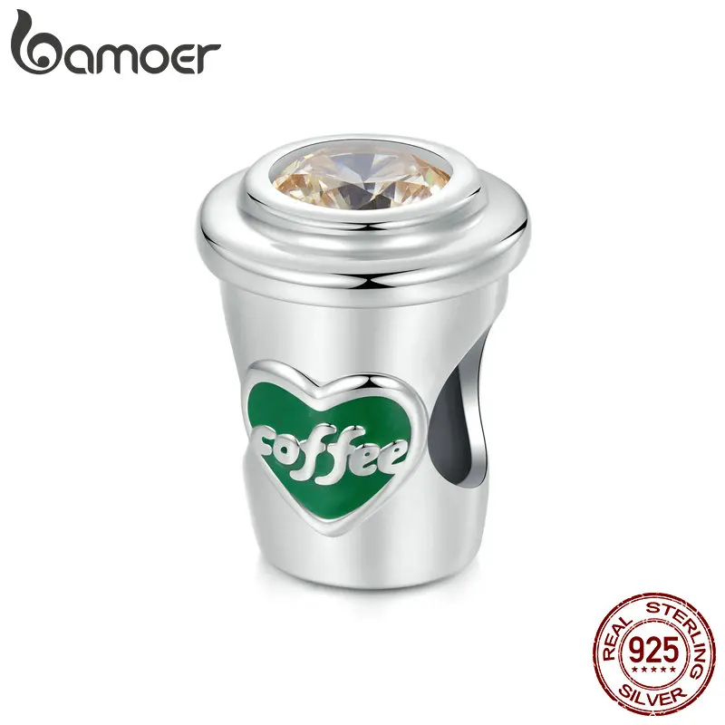 

BAMOER 925 Sterling Silver Coffee Cup Charms Beads with Coffee Zirconia fit European Bracelets Necklace DIY Jewelry Gift SCC2815