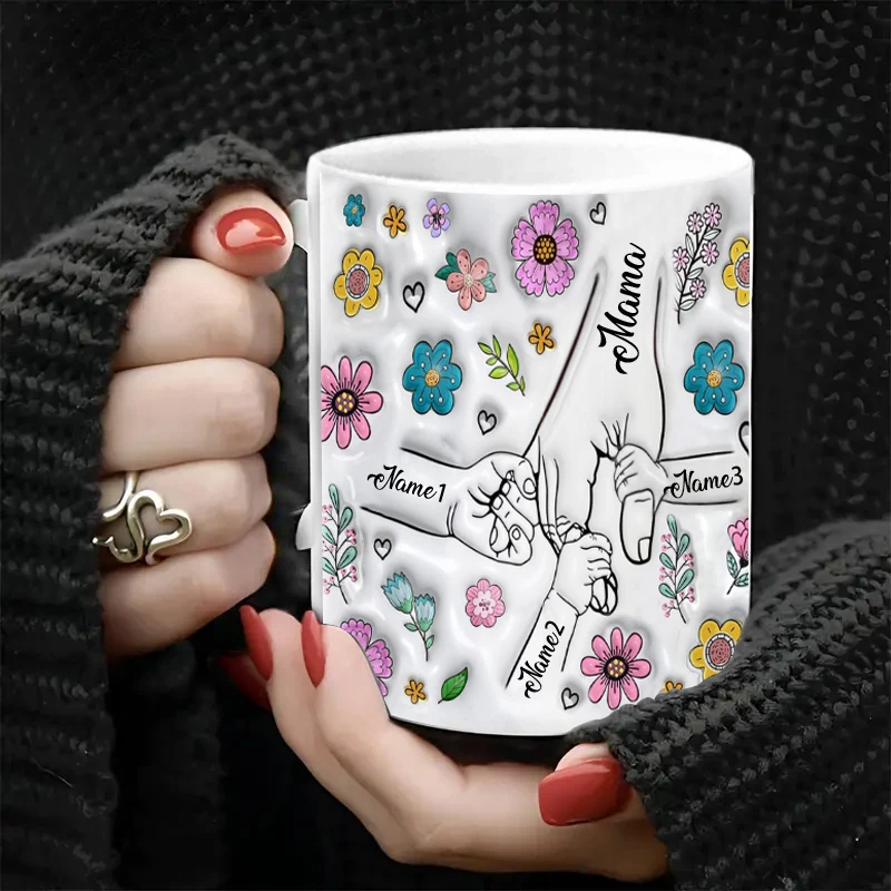 تخصيص اسم القدح شخصية ثلاثية الأبعاد تأثير الطباعة الزهور كوب عقد الأيدي أكواب القهوة مع قبضة اليد هدايا عيد الأم #5