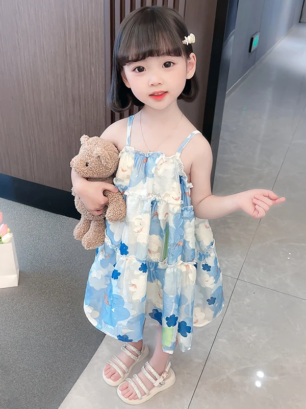 Verano estampado Floral correa de perlas Dr niñas dulce Princ falda ropa para niños bebé niña Dr moda y Sli