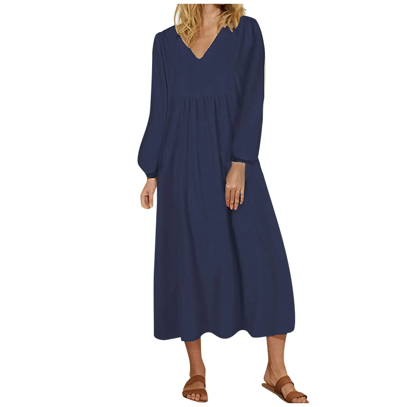 2024 High-quality Летнее платье Women\'s Summer And Autumn Minimalist V-neck Cotton Linen Loose Sleeves Long Sleeve Dress