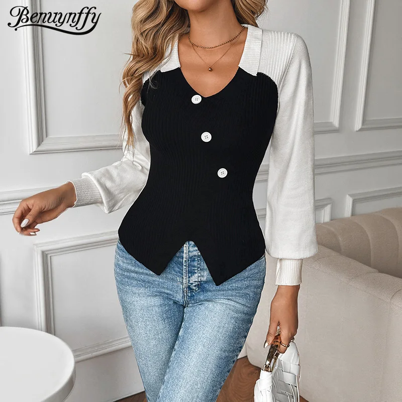 

Benuynffy V-neck Button Front Colorblock Knitted Sweater Women 2025 Autumn Long Sleeve Elegant Split Short Pullover Top Female