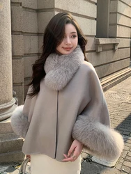 Fashion Winter Lady Real Natural Fox Fur Collar Jacket Wool Cloak Cashmere Warm Coat Detachable Collar Luxury Thick Female Coat