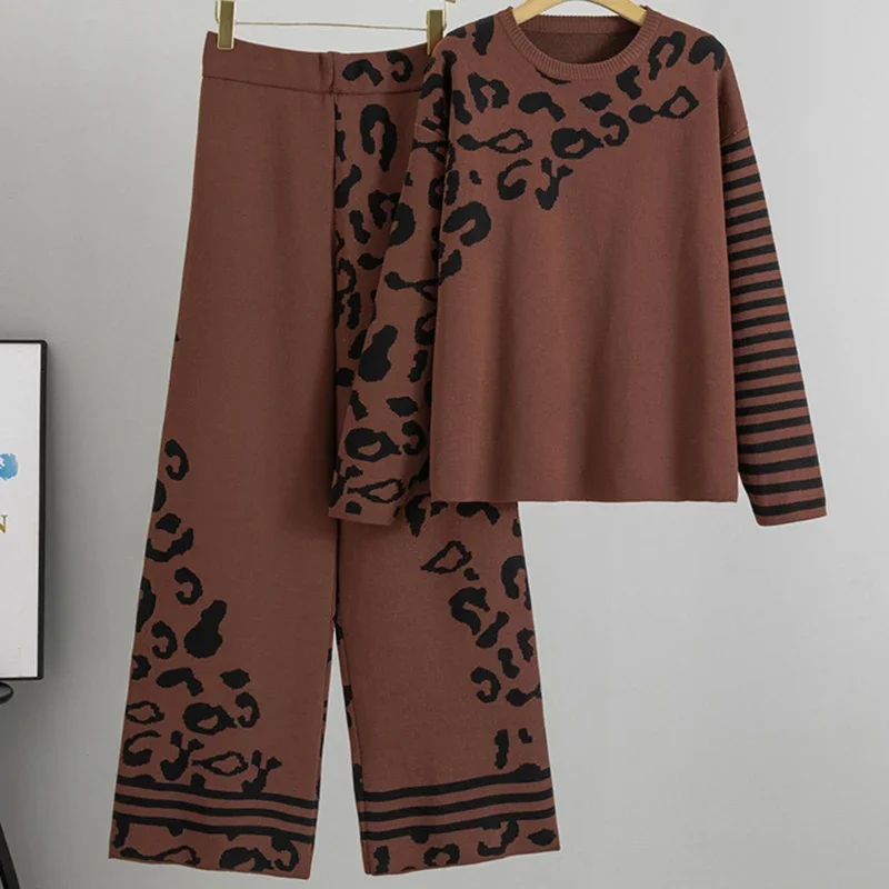 

Осень-зима Повседневные вязаные комплекты из 2 предметов Повседневные спортивные штаны с высокой талией Наряд для женщин Трикотажные изделия с круглым вырезом и длинными рукавами Свитер Топы Костюмы