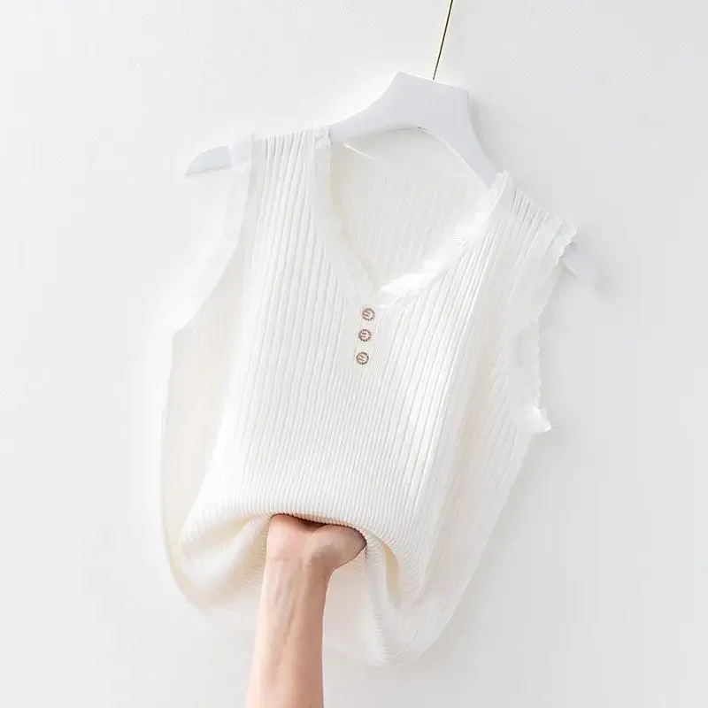 Canotta estiva in seta ghiacciata, abito interno da donna, fondo, maglione ampio che copre la pancia, gilet senza maniche con scollo a V