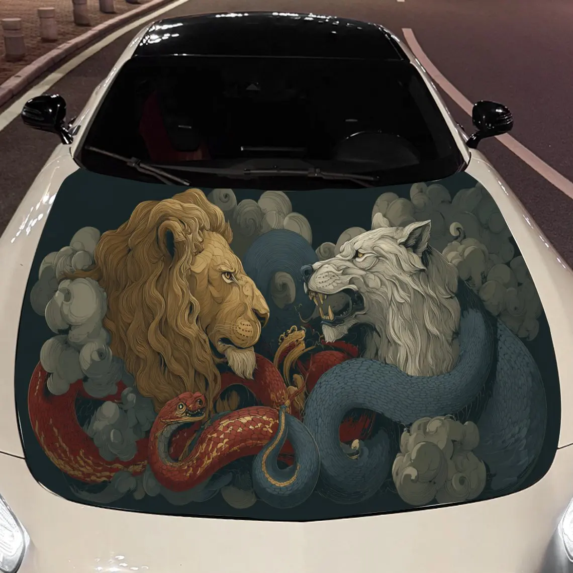 Powerful Lion Wolf Snake Auto Cover Sticker, Waterproof and Self-adhesive Auto Hood Decal, Auto Vinyl Wraps, Cool Car Exterior D