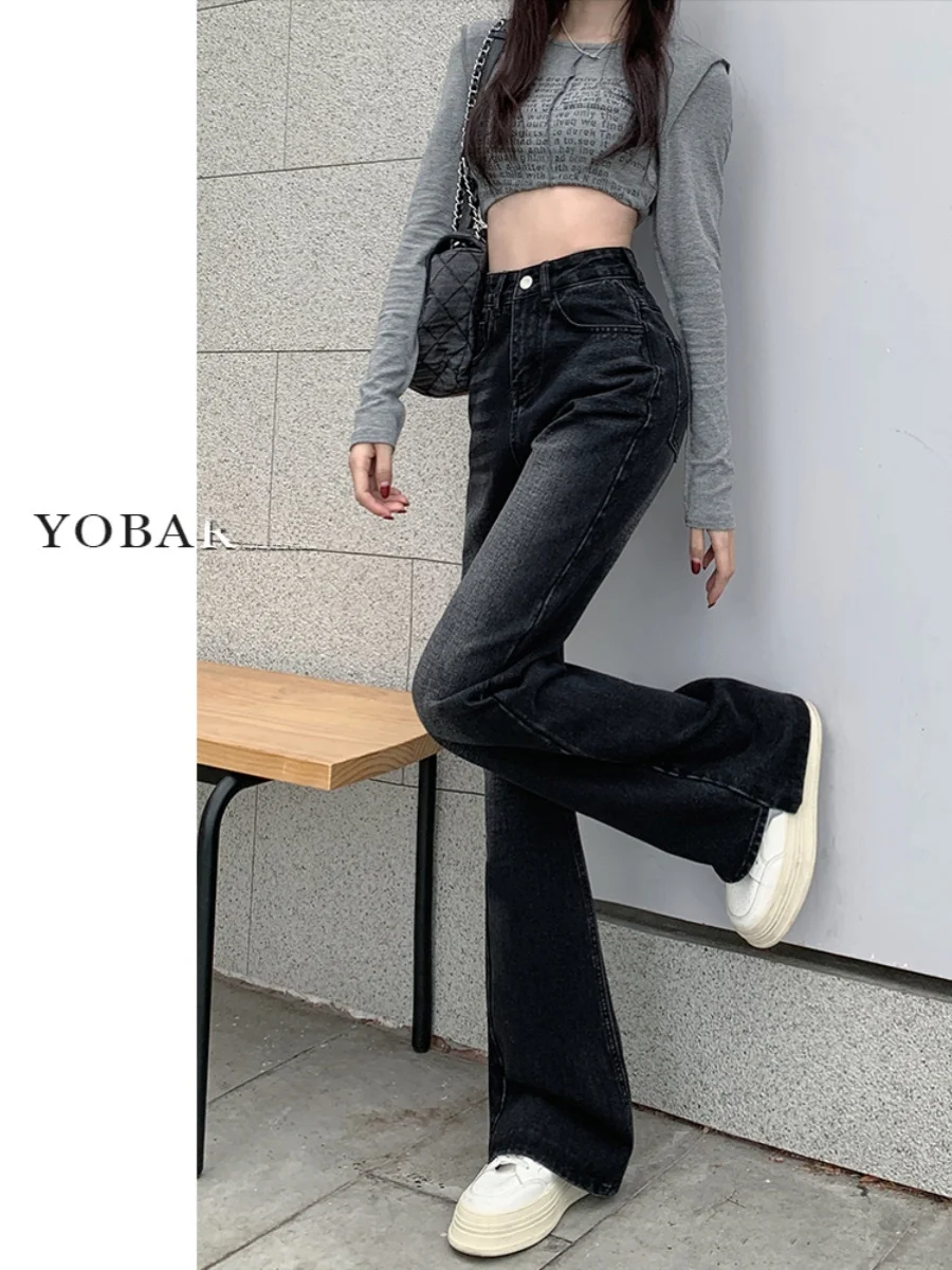 جينز نسائي واسع الخصر سروال جينز نسائي مرن فضفاض للتخسيس طويل من القطن المطاطي من قماش الدنيم مقاس كبير